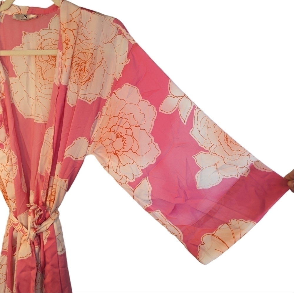 NATORI Nara Women’s Floral Belted Kimono Robe Pink White Peony Size M - Picture 11 of 15
